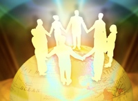 Peace, illustrated by silhouettes of people holding hands on a globe